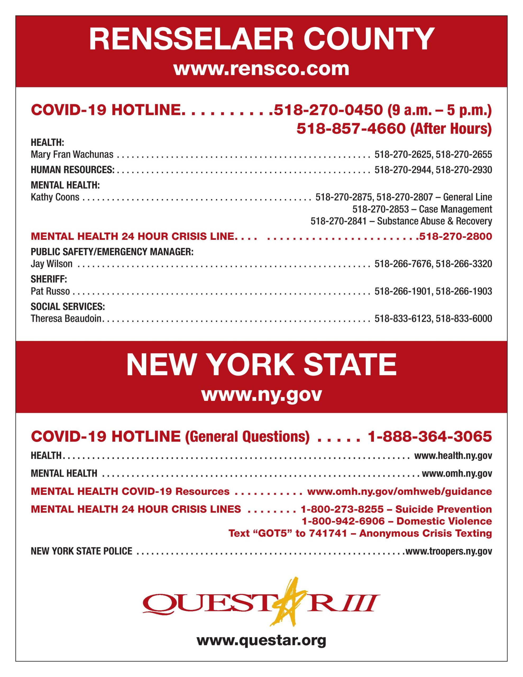 Rensselaer County COVID-19 Contacts