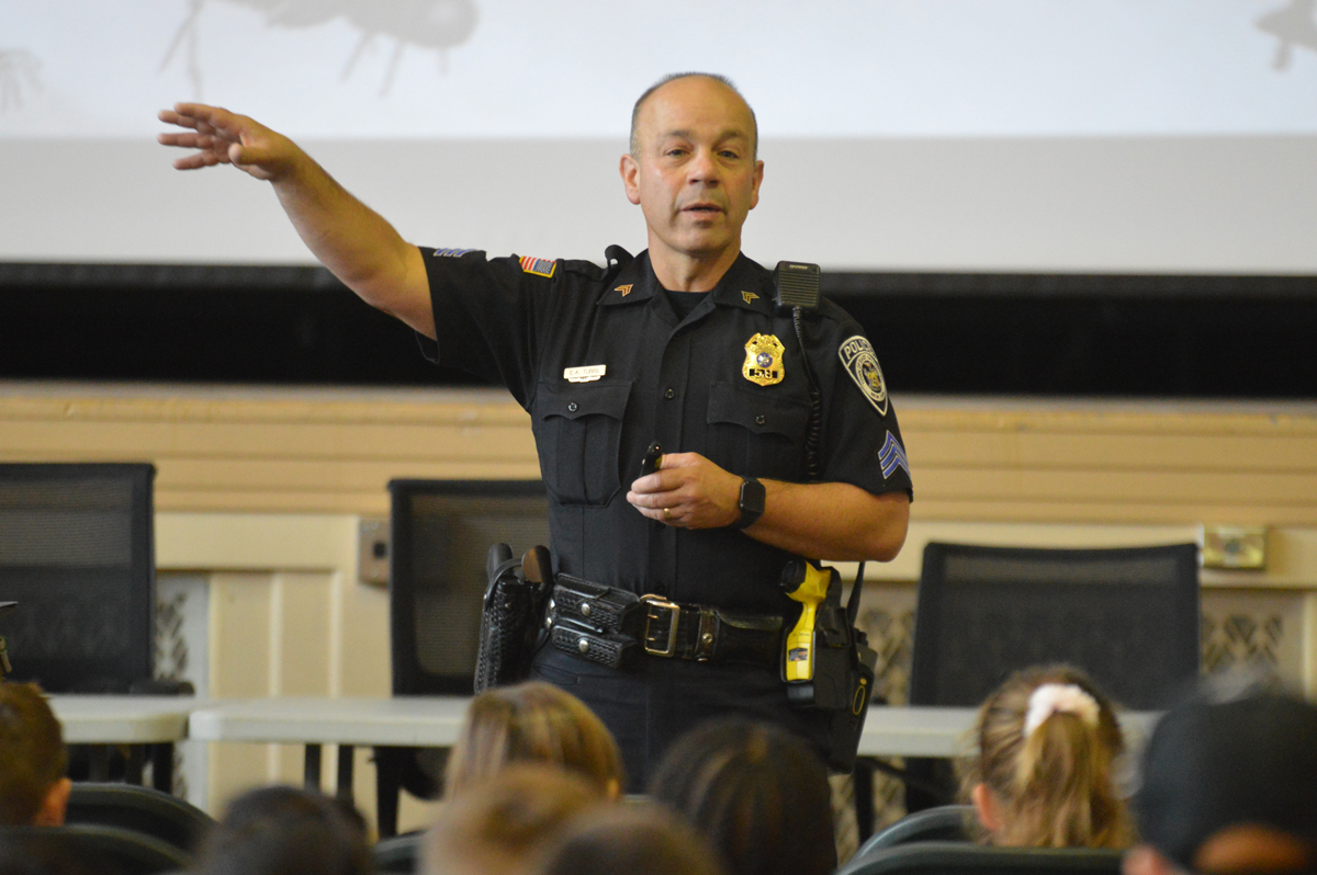 Sgt. Ernie Tubbs leading a Halloween Safety presentation at Genet Elementary School.