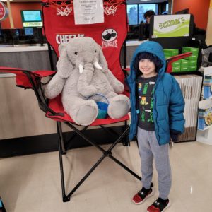 A student with Veda the stuffed elephant at Hannaford in East Greenbush