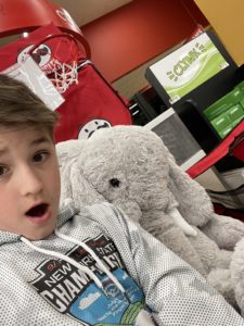 A student with Veda the stuffed elephant at Hannaford in East Greenbush