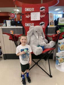A student with Veda the stuffed elephant at Hannaford in East Greenbush