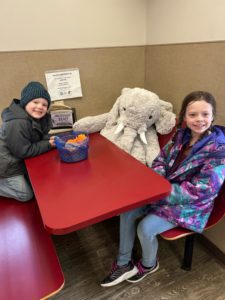 Students with Veda the stuffed elephant at Stewart's in Nassau