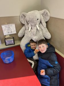 Students with Veda the stuffed elephant at Stewart's in Nassau