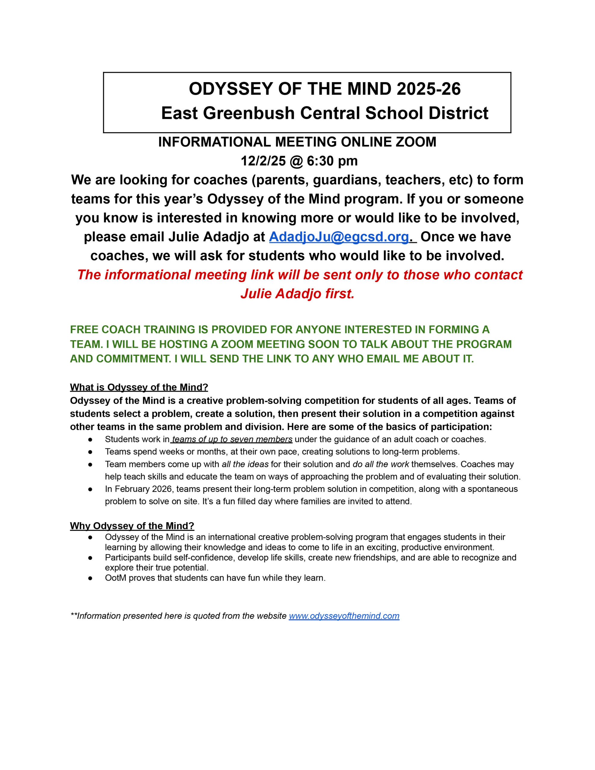 2025-26 Odyssey of the Mind flyer